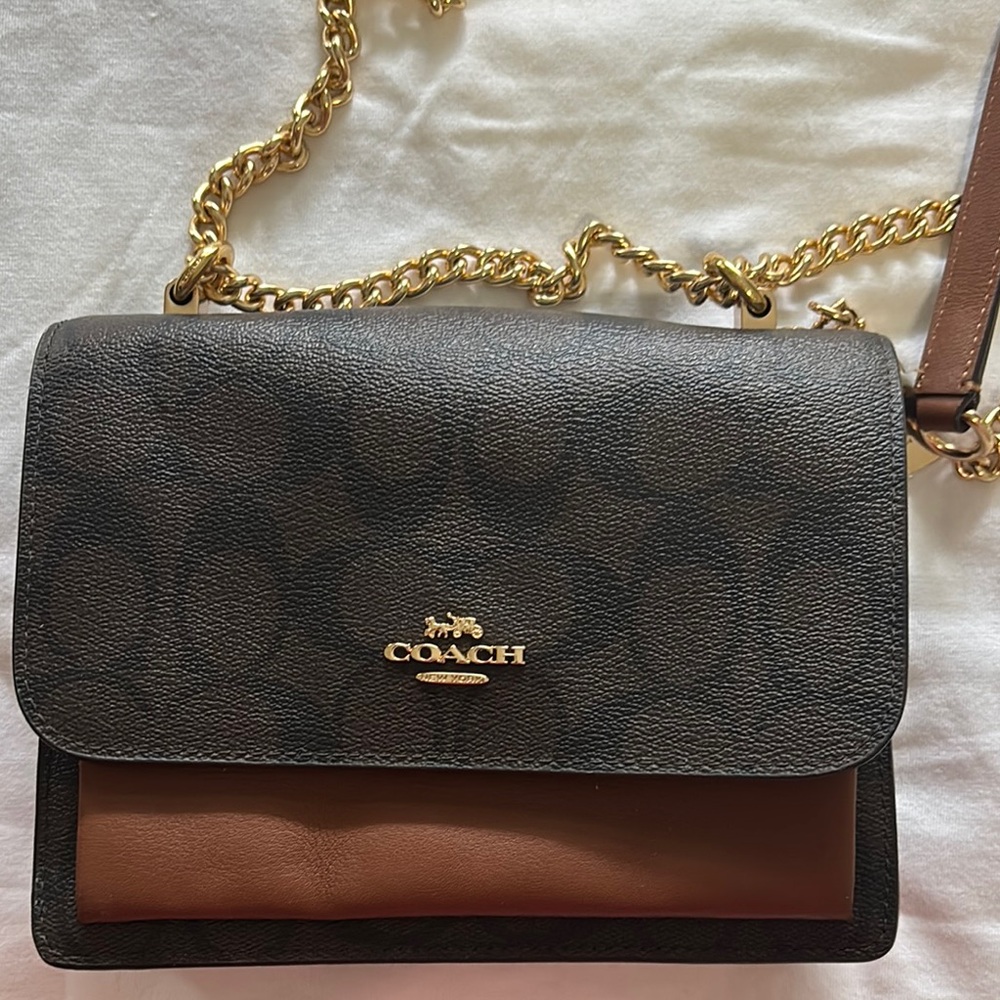 Coach Brown and Black Crossbody Bag with Gold Chain